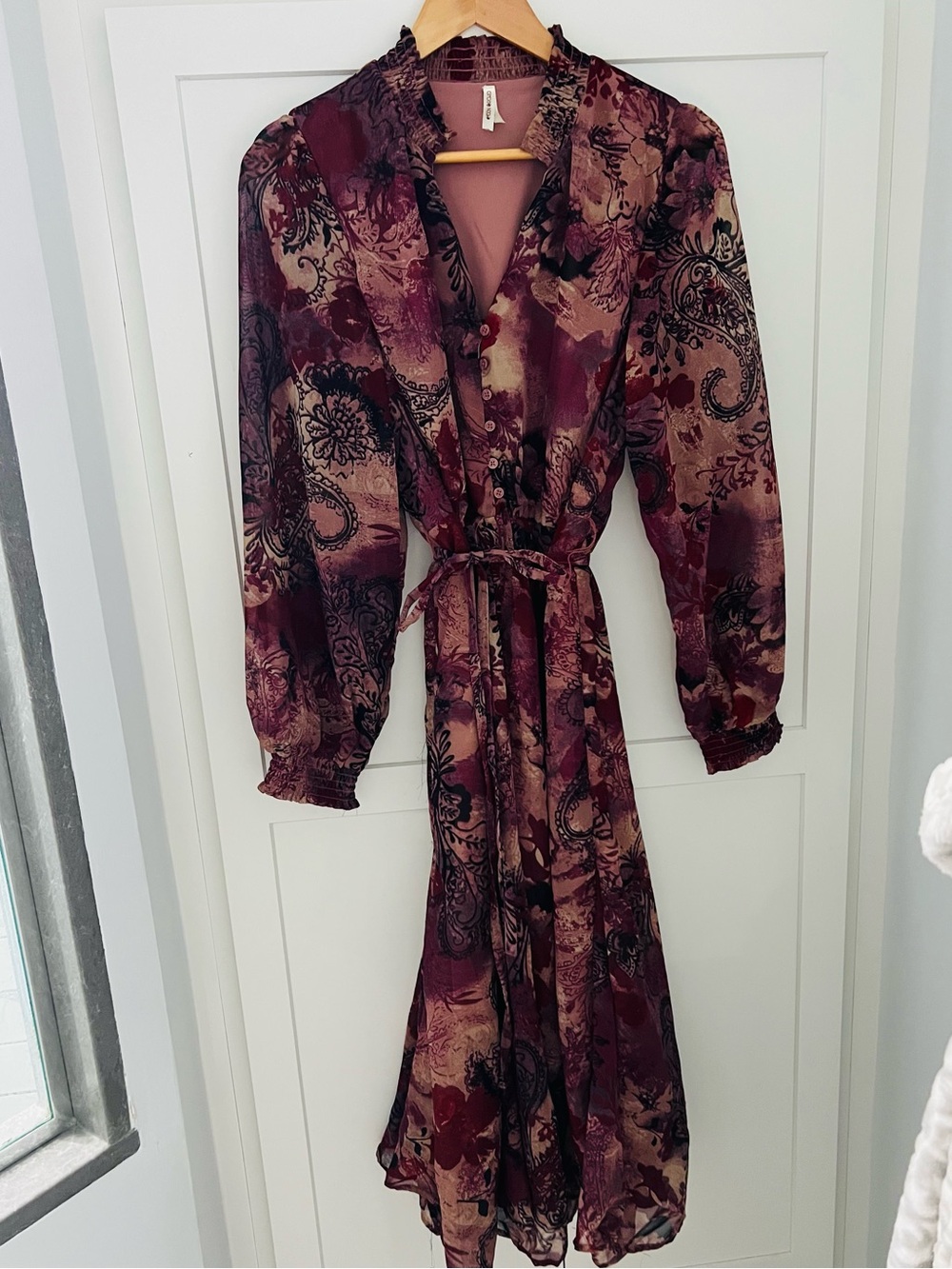 Boho Burgundy Floral Maxi Dress with Tie Waist